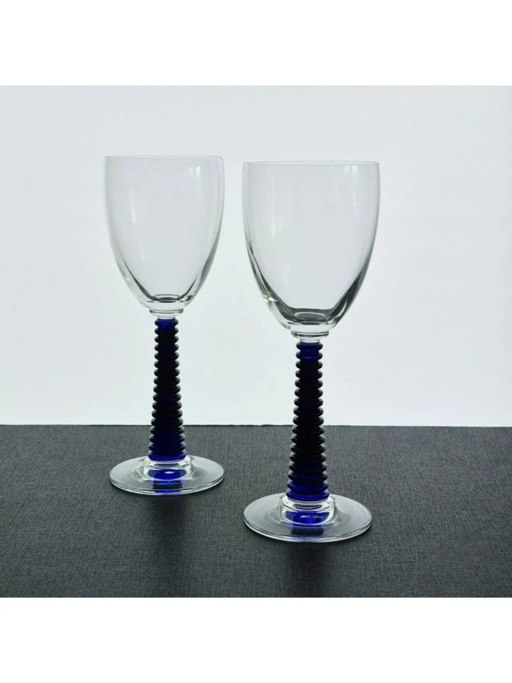 Cobalt Blue & Clear Goblet Set of 2, Textured Blue Stem Clear Bowl, Discontinued